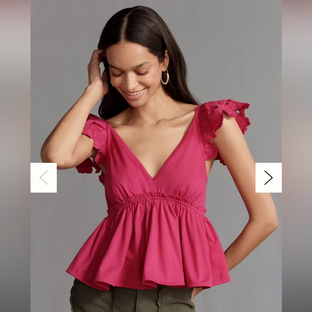 Cotton Flutter-Sleeve V-Neck Babydoll Top